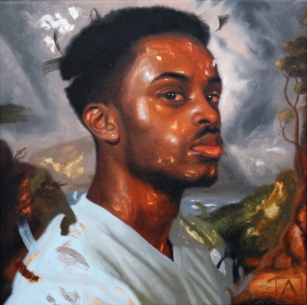 "Tempest" by Arturo Cabrera / 12" x 12" / oil gold silver and copper leaf on canvas / 2019 / in parentheses